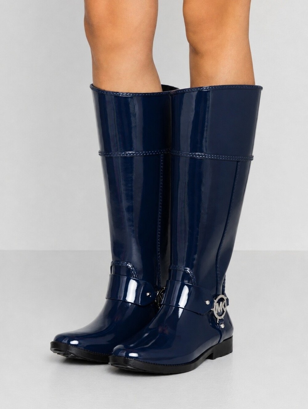 $179 Michael Kors Fulton Harness Tall Glossy Rain Boots - Navy Blue, Size 8